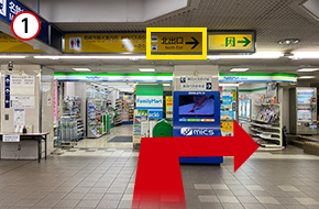 改札を出て右へお進みください。（北出口方面）