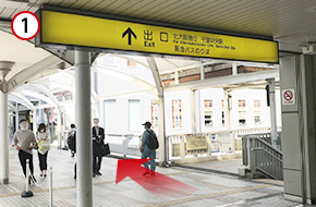 改札を出て右手にあるアーケードを直進します。