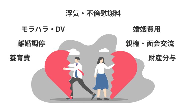 養育費 離婚調停 モラハラ・DV 浮気・不倫慰謝料 婚姻費用 親権・面会交流 財産分与