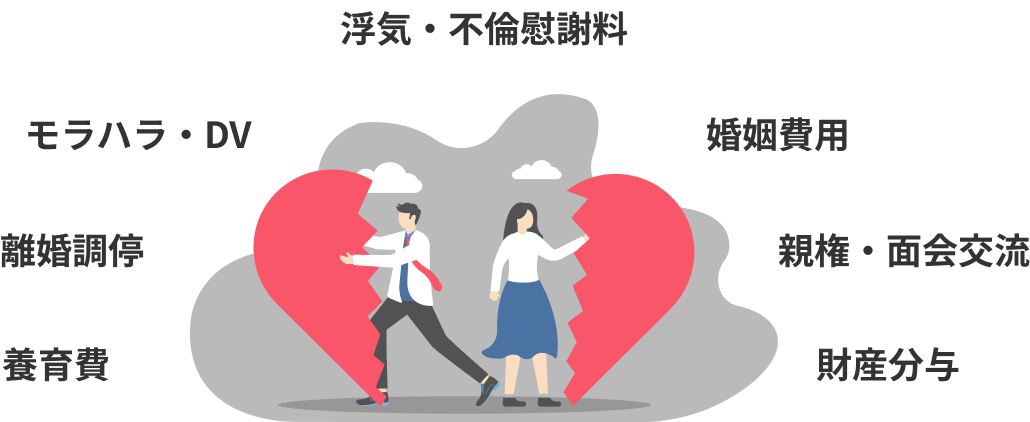 養育費 離婚調停 モラハラ・DV 浮気・不倫慰謝料 婚姻費用 親権・面会交流 財産分与