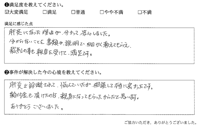 分からないことを書類や、説明で細かく教えてもらえ、裁判の事も報告を受けて、満足です