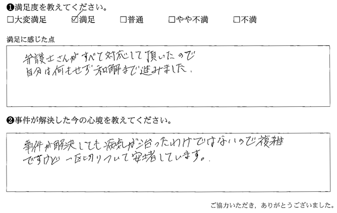 弁護士さんがすべて対応して頂いたので、自分は何もせず和解まで進みました