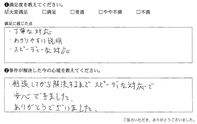 相談してから解決するまでスピーディな対応で安心できました