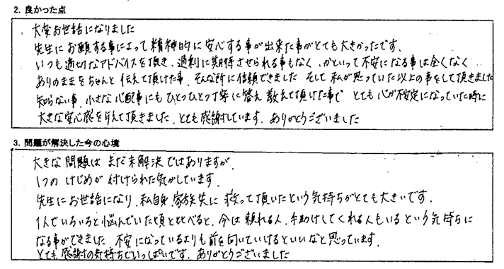 とても心が不安定になっていた時に大きな安心感を与えて頂きました