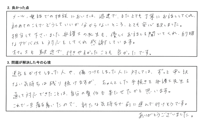 迅速かつとても丁寧にお話してくれ、初めてのことでどうしていいかわからないところ、とても安心いたしました。