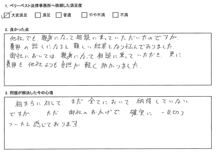 親身になって相談に乗っていただき、費用も他社よりも負担が軽く助かりました